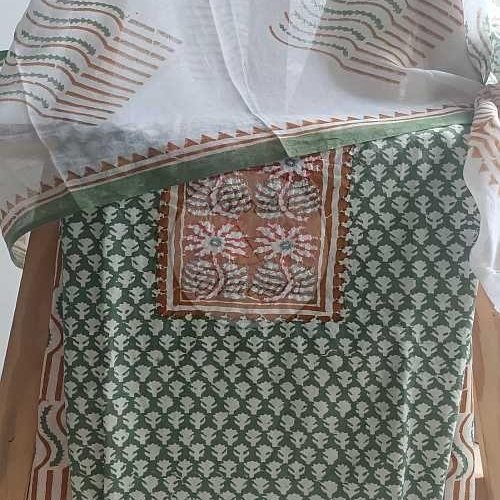 White and Green Baroda Print Cotton Suit Material