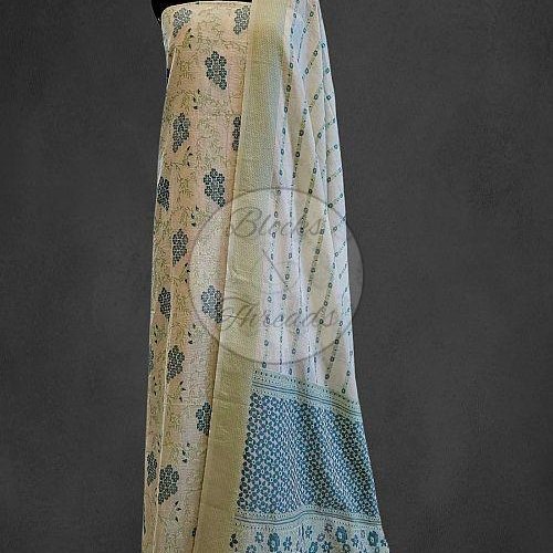 White and Green Premium Cotton Banarsi Weave Suit Material