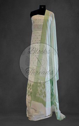 White and Light Green Cotton Banarsi Weave Suit Material