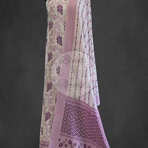 White and Purple Premium Cotton Banarsi Resham Weave Suit Material