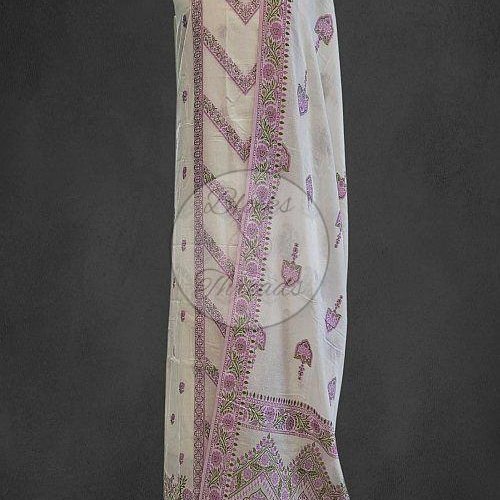 White Lilac and Green Premium Cotton Banarsi Resham Weaved Suit Material