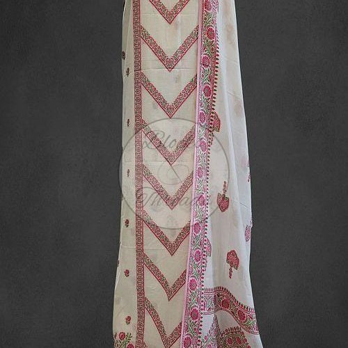 White Pink and Green Premium Cotton Banarsi Resham Weave Suit Material