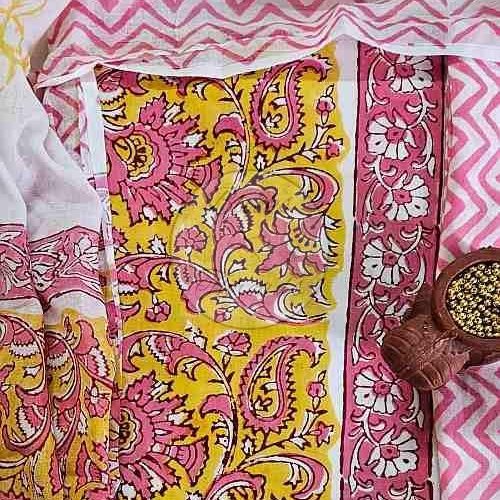 Yellow and Pink Baroda Print Cotton Suit Material