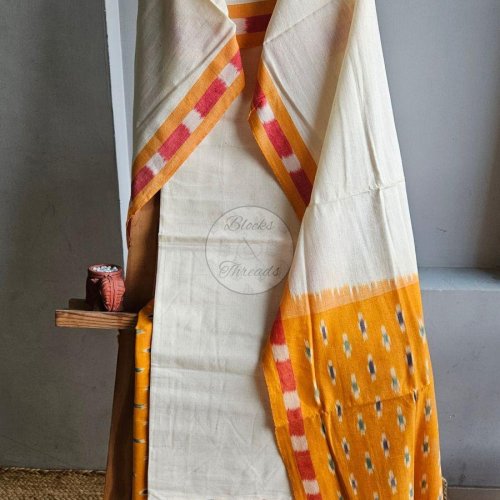 Yellow Ochre and Off White Ikat Weave Weave Cotton Unstitched Suit