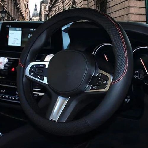 Black Red Thread Design Leather Steering Wheel Cover