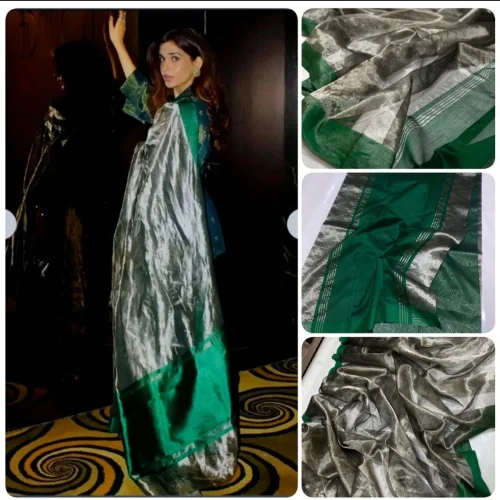 Pure Chanderi Handloom Silver Zari Tissue Silk Saree