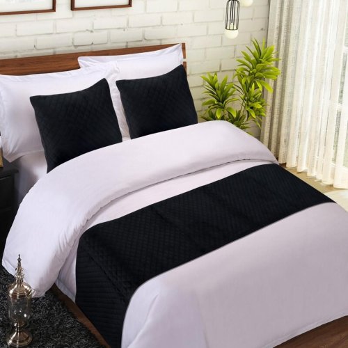 Black Quilted Velvet Bed Runner Set with Two Matching Cushion Covers