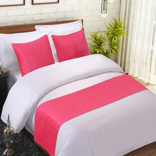 Pink Quilted Velvet Bed Runner Set with Two Matching Cushion Covers