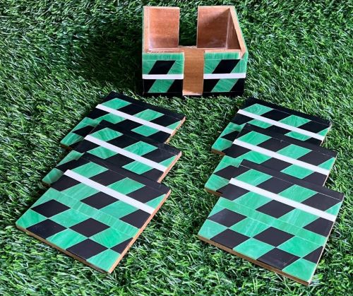 Black Green Resin Optical Illusion Coaster Set with Holder