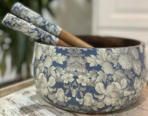 Blue Floral Mango Wood Salad Bowl Set