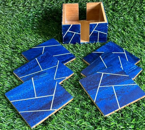 Blue Resin Inlay Coaster Set with Holder
