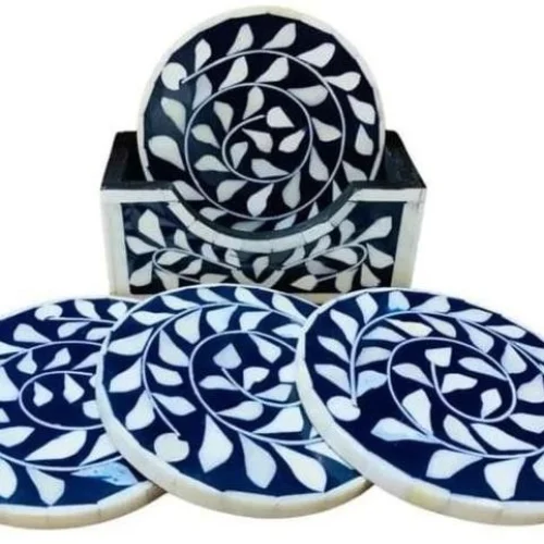 Floral Bone Inlay Coaster Set with Holder