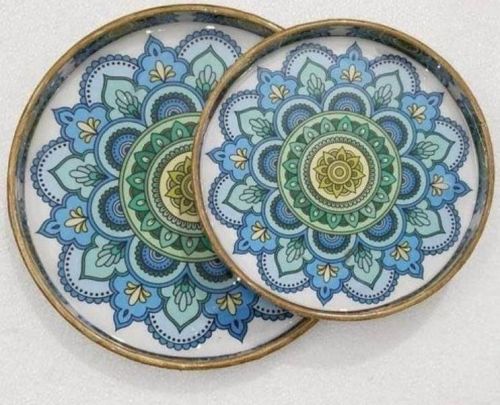 Handmade Floral MDF Resin Round Serving Tray Set