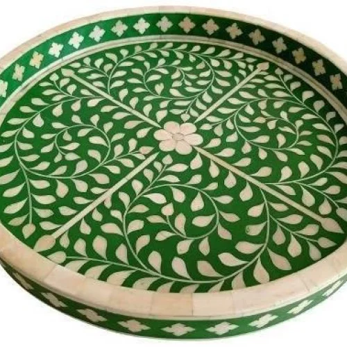 Round Green Floral Bone Inlay Serving Tray