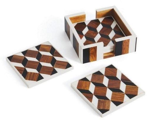 Wood Resin 3D Optical Coaster Set with Holder