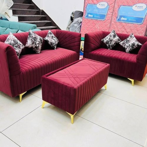 Maroon Velvet Wooden Sofa Set