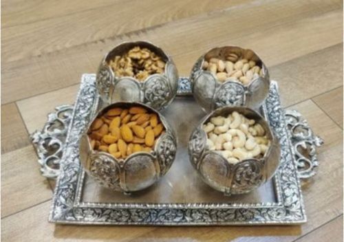 Silver Plated Dry Fruit Bowl Set with Decorative Tray