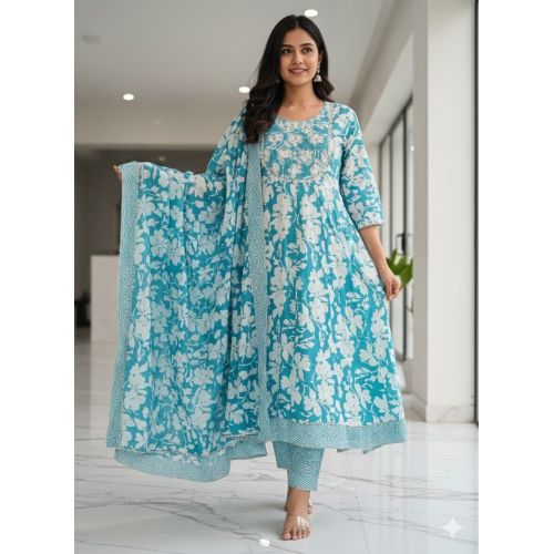 Ladies Blue Printed Cotton Suit Set