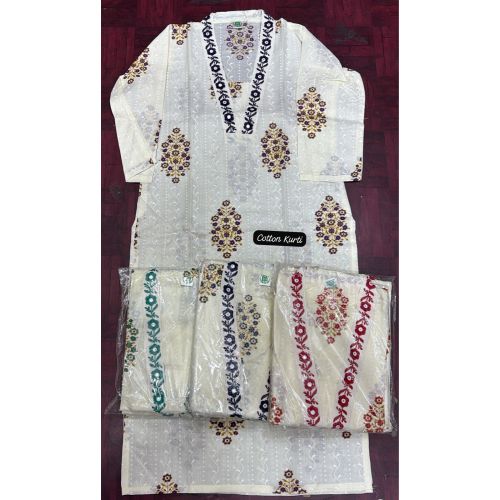 Ladies Embroidered Cotton V Neck Kurti