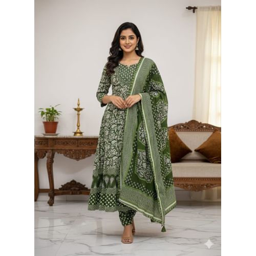 Ladies Green Ethnic Printed Kurti Set