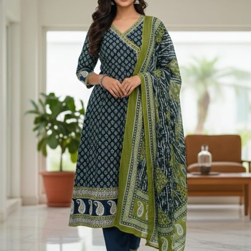 Ladies Indigo Green Printed Kurta Pant Set