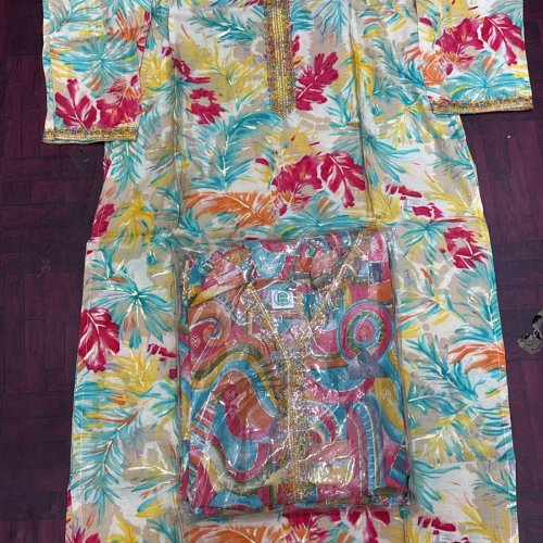 Ladies Multicolor Leaf Print Embellished Neck Straight Kurti