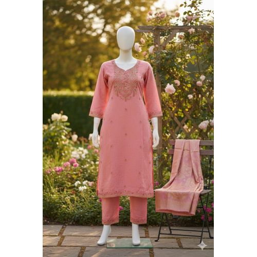Ladies Peach Embroidered Designer Straight Suit Set
