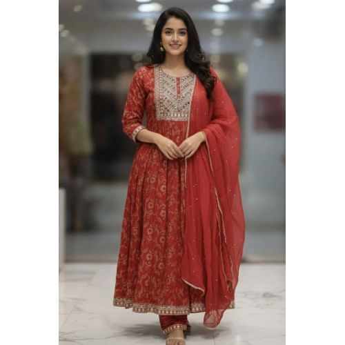 Ladies Red Embroidered Designer Anarkali Suit Set