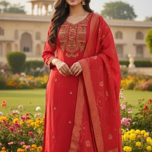 Ladies Red Embroidered Designer Straight Suit Set