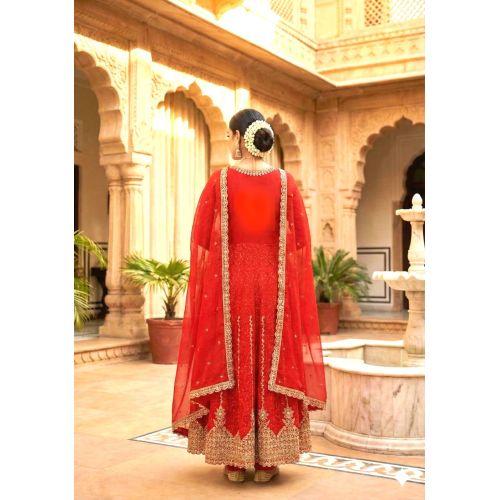 Ladies Red Embroidered Flared Ethnic Suit