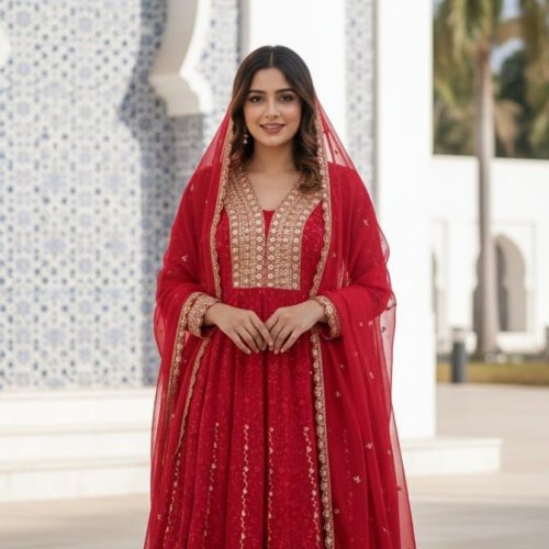 Ladies Red Festive Embroidery Flared Anarkali Suit Set