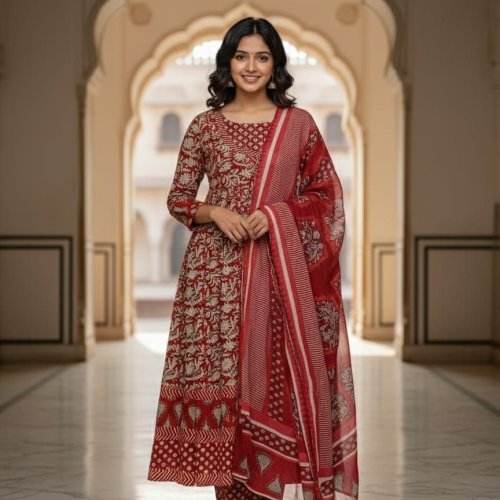 Ladies Red Printed Designer Straight Suit Set