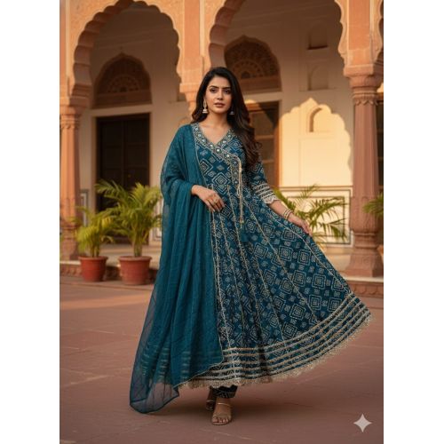 Ladies Teal Ethnic Embroidered Anarkali Kurti with Dupatta