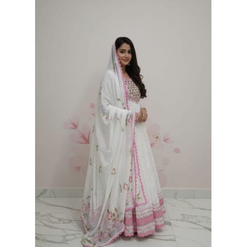 Ladies White Pink Floral Border Ethnic Flared Suit