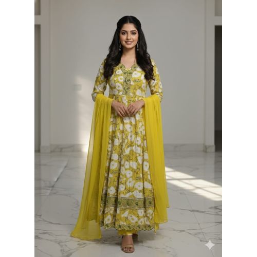 Ladies Yellow Printed Designer Anarkali Suit Set