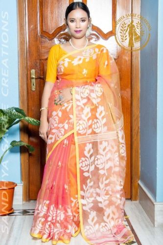 Premium Pure Muslin Resham Rose Motif Party Wear Saree