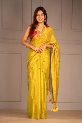 Premium Lemon Yellow Raga Tissue Saree with Gini Motifs