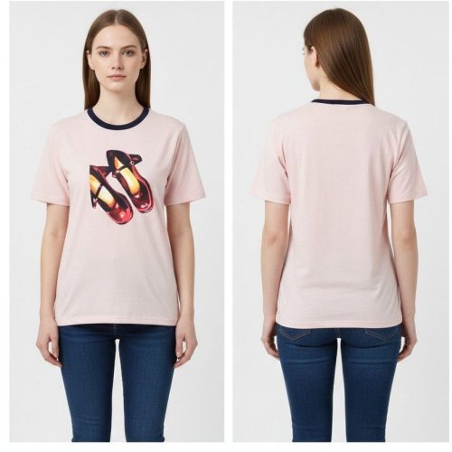 Ladies Light Pink Round Neck Printed Cotton T-Shirt