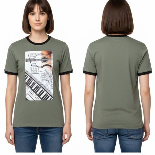 Ladies Olive Green Round Neck Printed Cotton T-Shirt