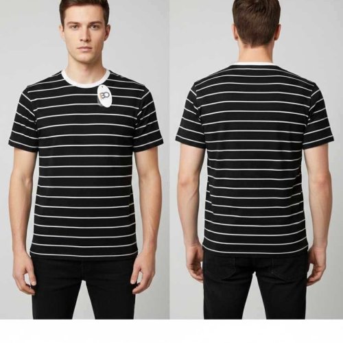 Mens Black and White Round Neck Striped Cotton T-Shirt