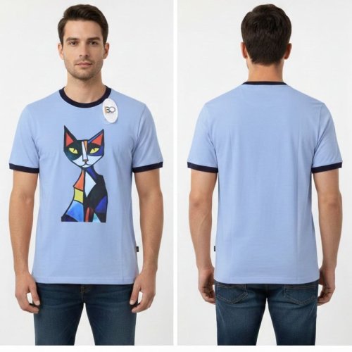 Mens Light Blue Round Neck Printed Cotton T-Shirt