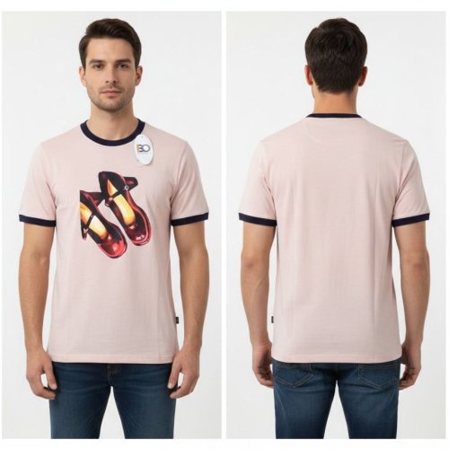 Mens Light Pinkish Beige Round Neck Printed Cotton T-Shirt