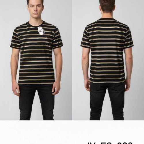 Mens Round Neck Black and Brown White Striped Cotton T-Shirt