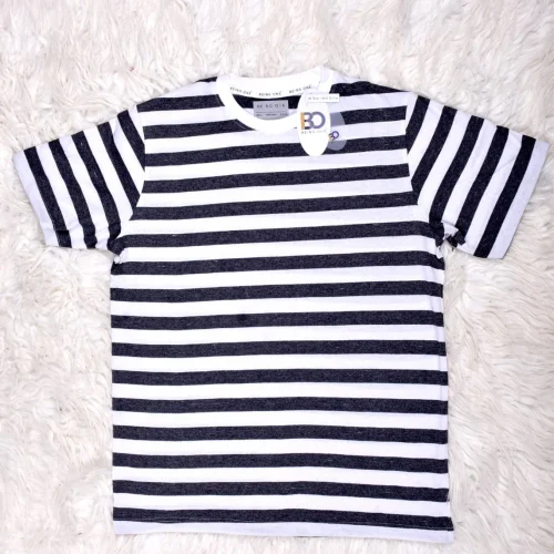 Mens Round Neck Black and White Striped Cotton T-Shirt