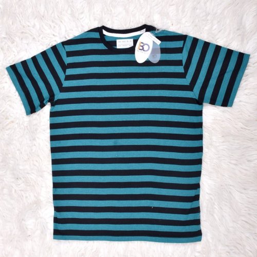 Mens Round Neck Blue and Black Striped Cotton T-Shirt