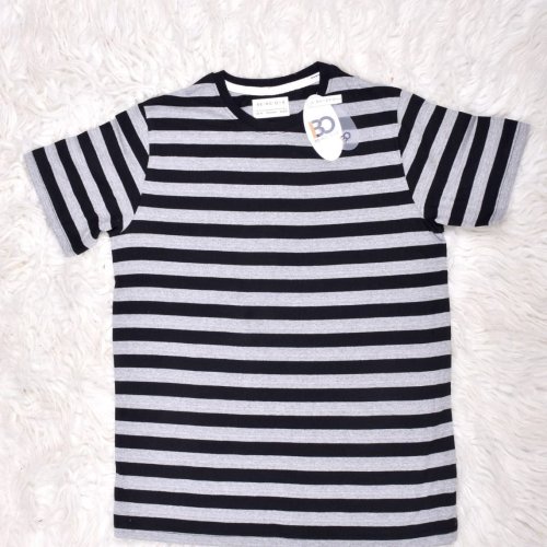 Mens Round Neck Grey and Black Striped Cotton T-Shirt