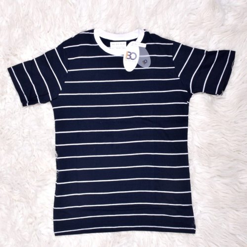Mens Round Neck Navy Blue and White Striped Cotton T-Shirt