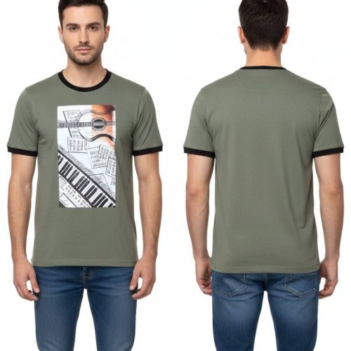 Mens Round Neck Olive Green Printed Cotton T-Shirt