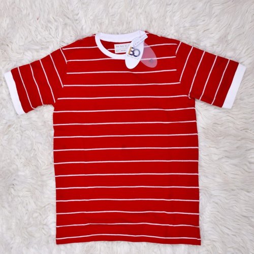 Mens Round Neck Red and White Striped Cotton T-Shirt