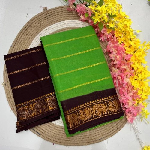 Authentic Green Brown Handloom Velthari Sungudi Cotton Saree